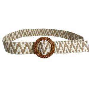 Vintage woven chevron belt round wicker buckle tan on white M/L boho cinch